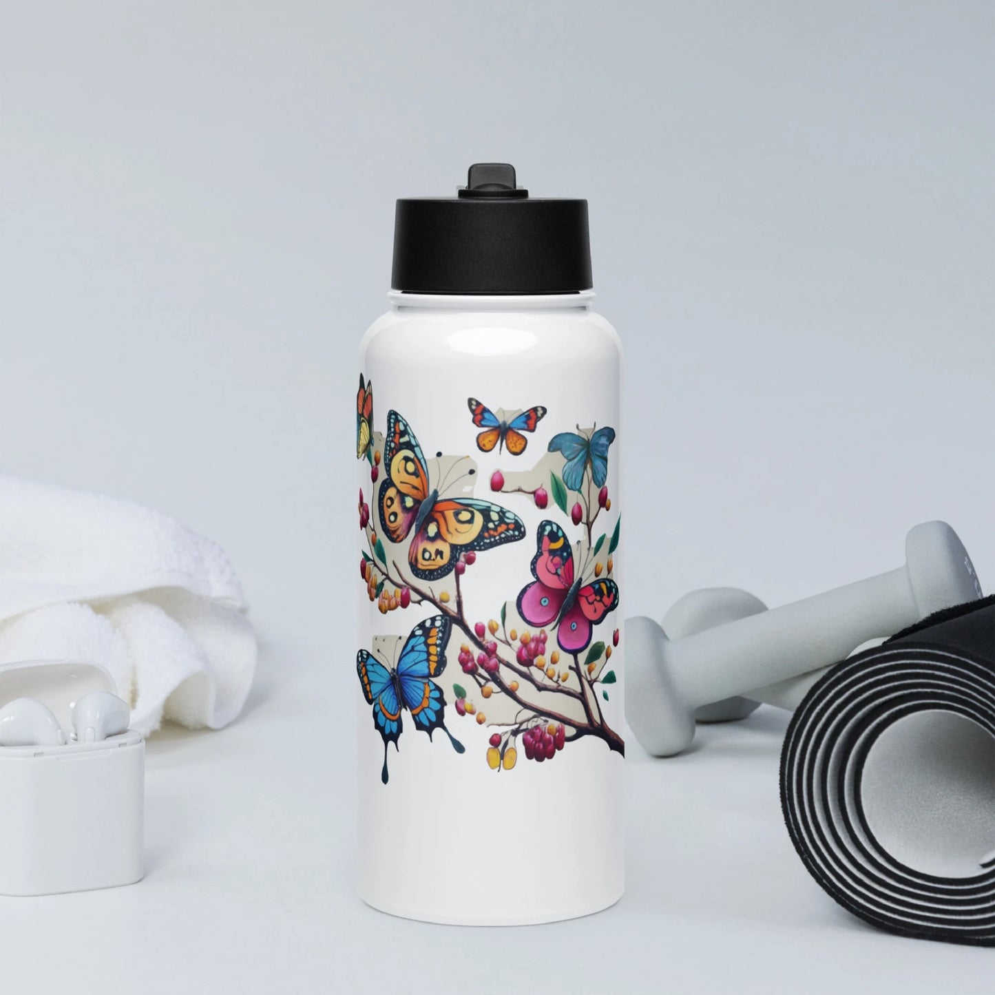 Stainless steel water bottle with a straw lid Butterfly 1.0 Collection - DALSOMA