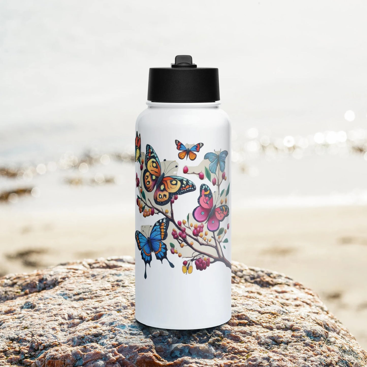 Stainless steel water bottle with a straw lid Butterfly 1.0 Collection - DALSOMA